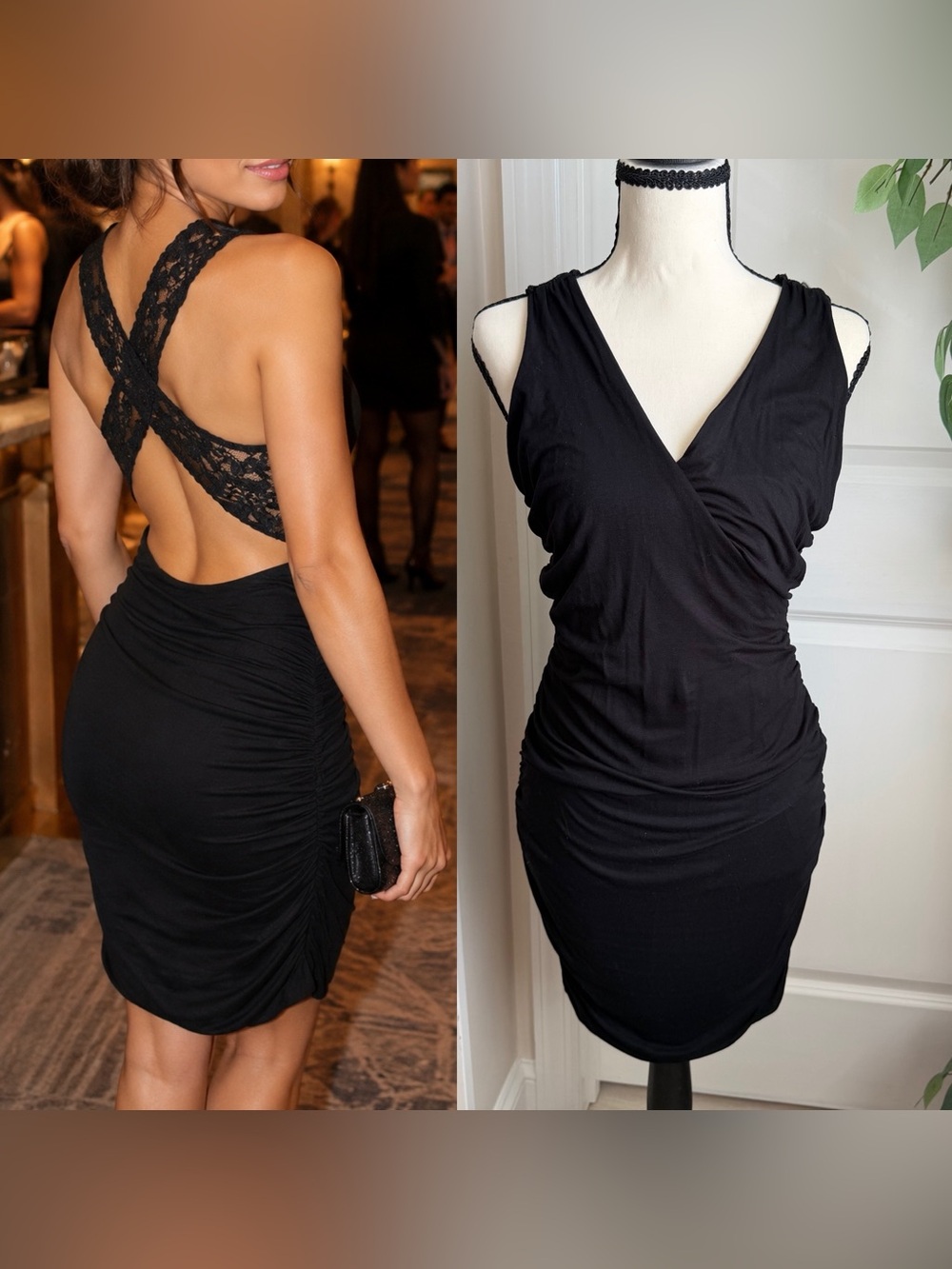 Lush Ruched Bodycon Lace Open Back Mini Dress Black Sz M